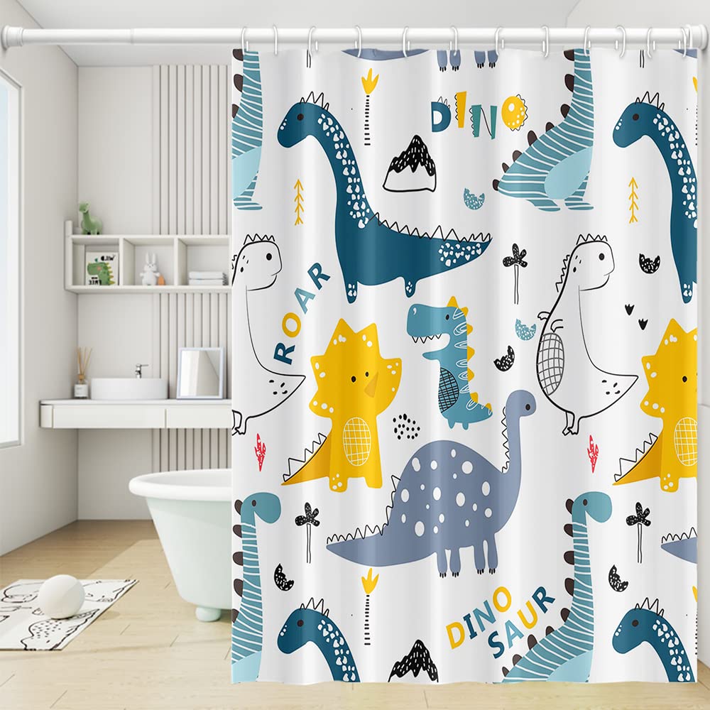 Cartoon Dinosaur Shower Curtains Colorful Cute Dino Funny Animals Pattern for Kids Neutral Shower Curtain Waterproof Fabric Polyester Accessories with 12 Hooks, 72x84 Inch