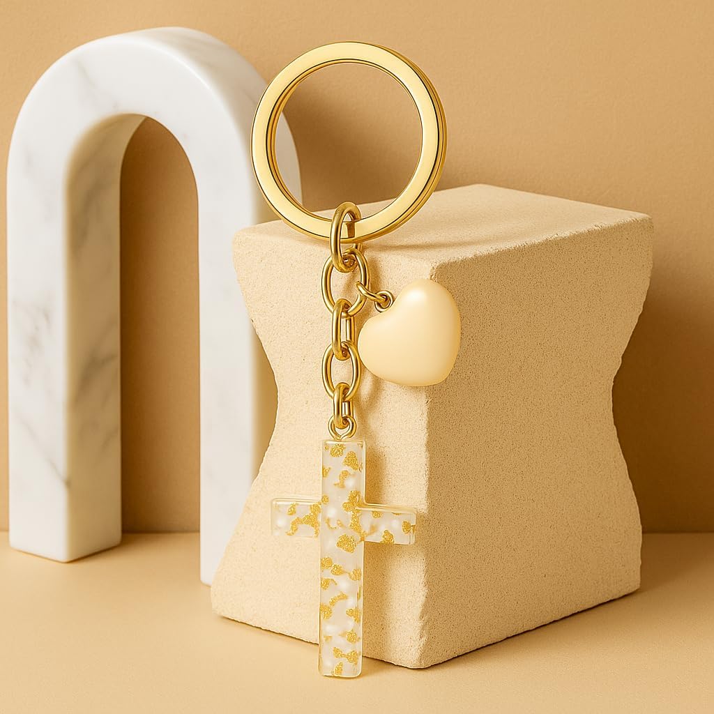 Cross Keychain –Valentines Keychains with Gold Foil Accents, Beige Heart for Women Bag Charms, Cool Key Chains Gifts for Christians, Women & Faith Lovers - Image 5