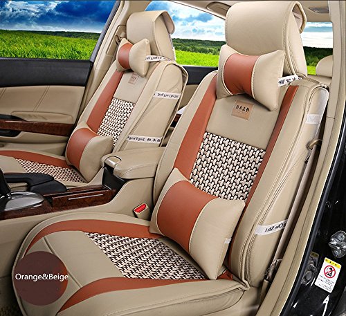 Amooca VTI Universal Front Rear Car Seat Cushion Cover Orange&Beige 10pcs Full Set Needlework PU Leather