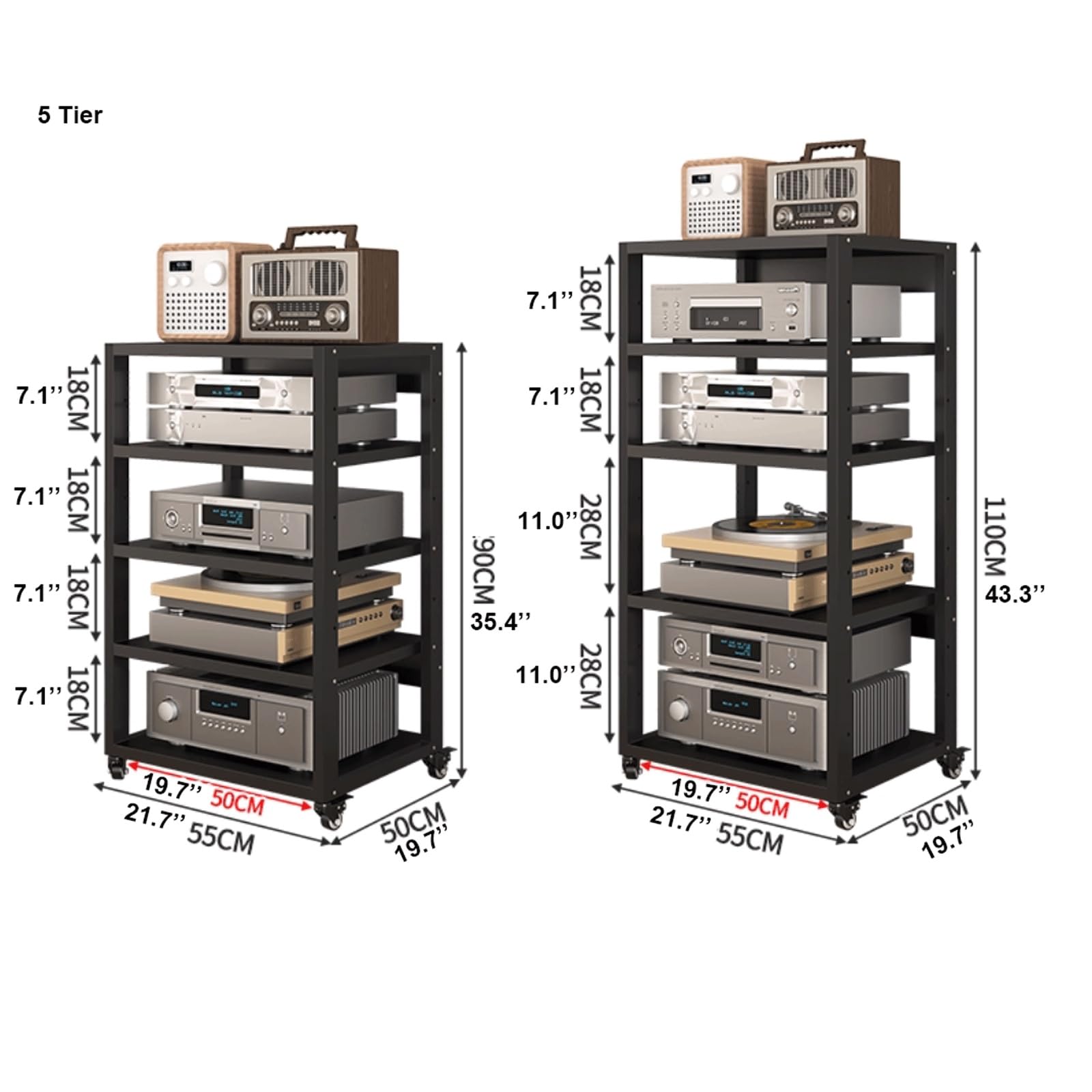 HiFi o Rack 5-poziomowy z kółkami, regulowany, metalowy stojak do domowego biura, solidna wieża Ste Tower do telewizora i o Equint, nowoczesny design, 110 cm