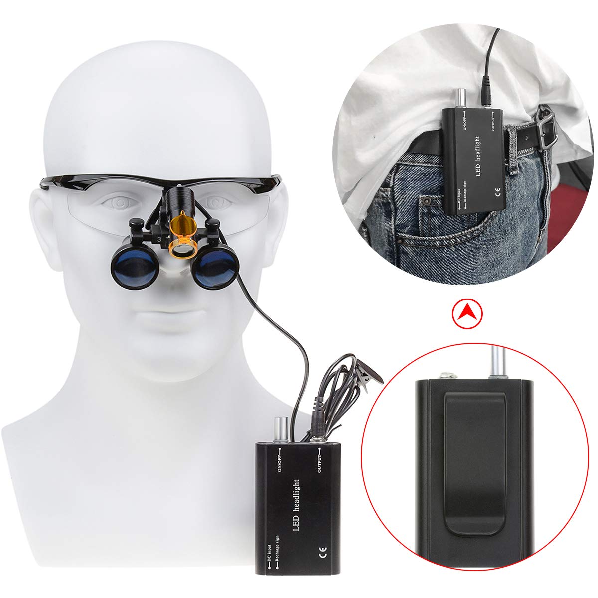 BONEW 3.5X Chirurgische Binokularlupen Optisches Glas + 5W LED-Scheinwerfer Kraftvolles Licht mit Clip-on-Typ + Stoffbeutel DY-008 (schwarz)