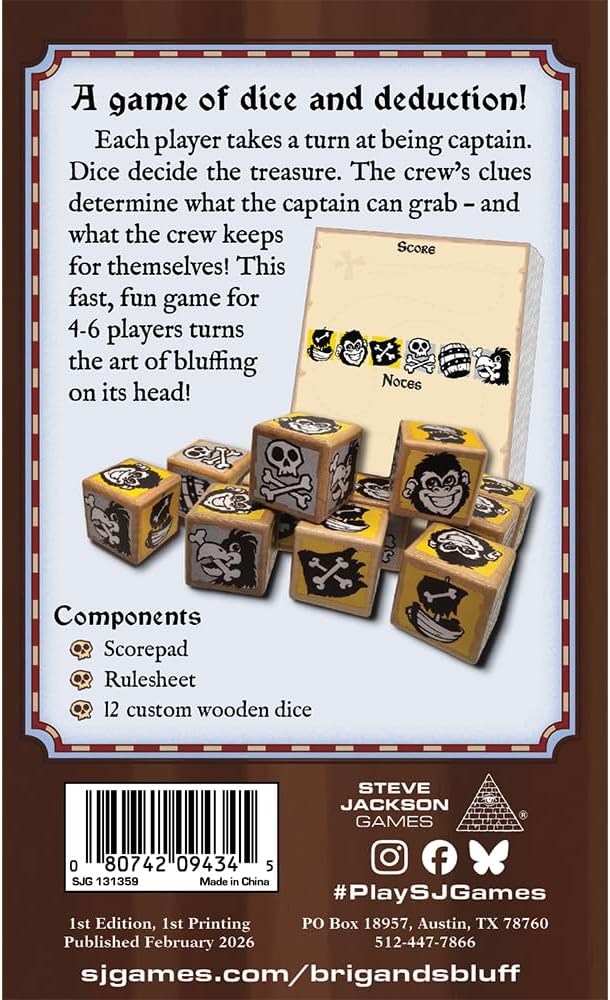 Brigand's Bluff by Steve Jackson Games | 4-6 Players | Ages 14+ | Pirate Themed Dice and Deduction Board Game | 12 Custom Wooden dice