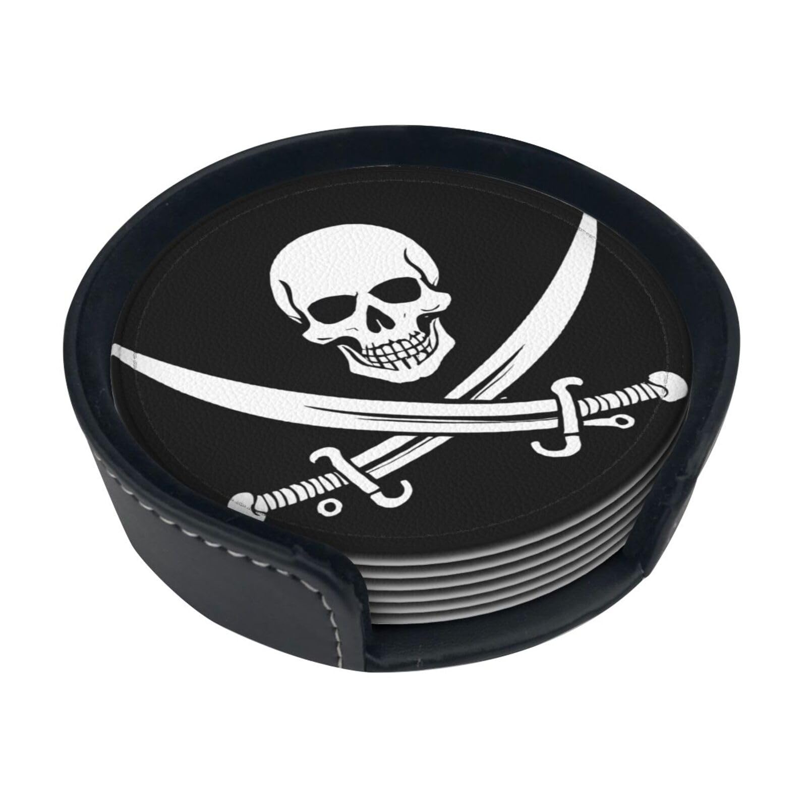 Pirate Flag Round Leather Coasters (6 Pieces) - Drink Coaster Set For Desk, Modern Easy To Clean Home Office & Farmhouse Coasters