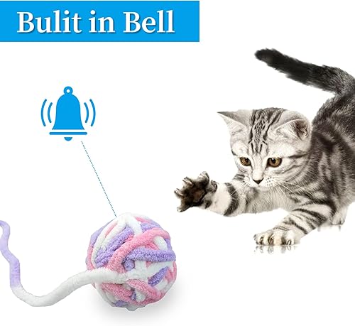 Miniatura 3 de Andiker Paquete de 3 bolas de juguete para gatos con campana y cuerda, juguetes para gatitos, bolas de hilo coloridas para gatos de interior para