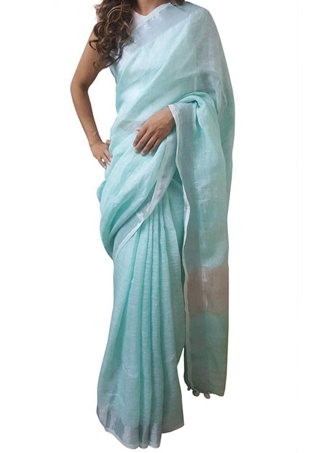 INDIA SILK PWCS LTDWomen's Plain Weave Linen Saree With Blouse Piece (LLNS171_Sky Blue)