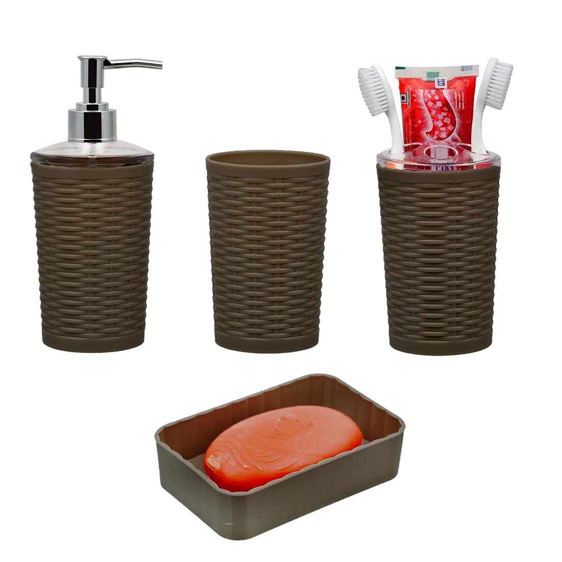 BLEQYS® 4 Pcs Plastic Gift Set, Bathroom Accessories Set, Toothbrush Holder,Soap Dispenser,Soap Dish,Tumbler Straw Set (Brown)