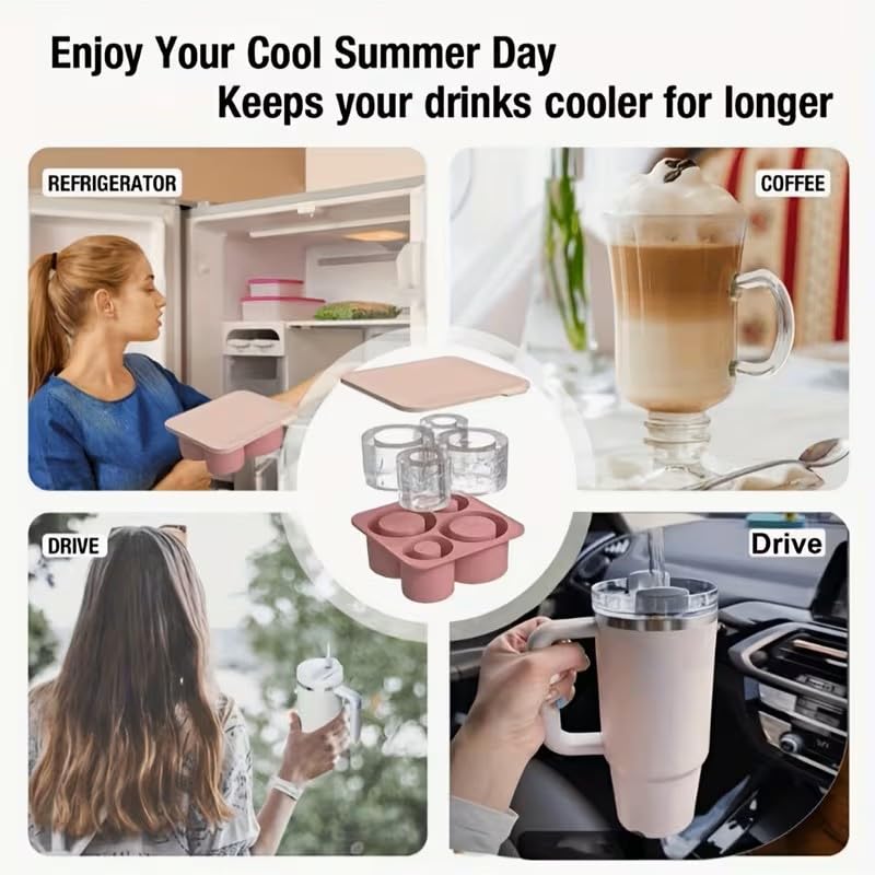 Yenigeldi Pembe Quencher Silikon Kapaklı Buzluk, Silindir Buz Kalıbı 4 Gözlü Stanly 20oz 30oz 40oz Bardak Uyumlu