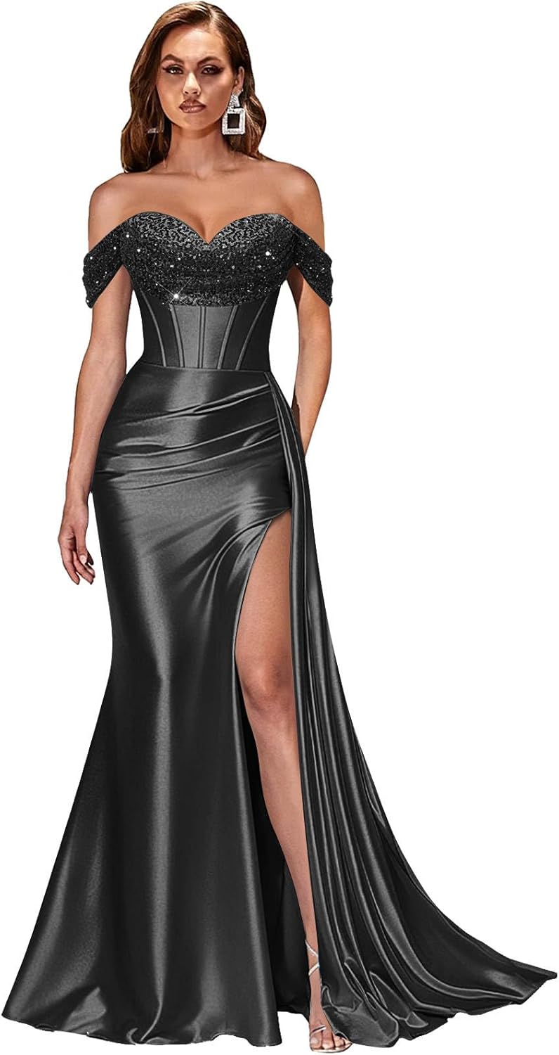 GUKARLEED Ruched Prom Dresses 2026 Off The Shoulder Long Slit Sequin Formal Dress for Women Backless Satin Ball Gowns