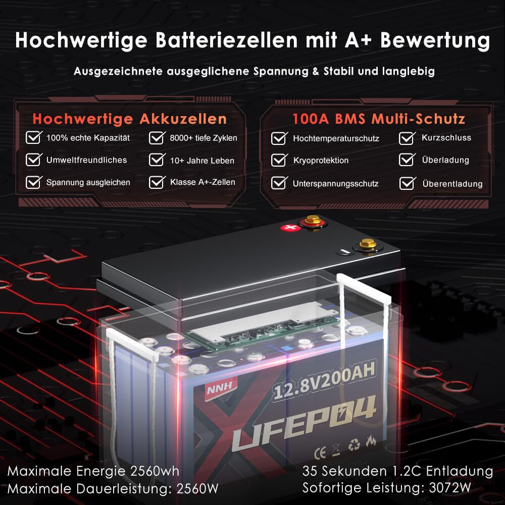 Lifepo4 200AH 12V Batterie mit Bluetooth, Lithium Batterie 12V 200AH mit 200A BMS,8000 Zyklen Deep Cycle,Perfekt für Auto Camping Wohnwagen,Wohnmobil,Solar