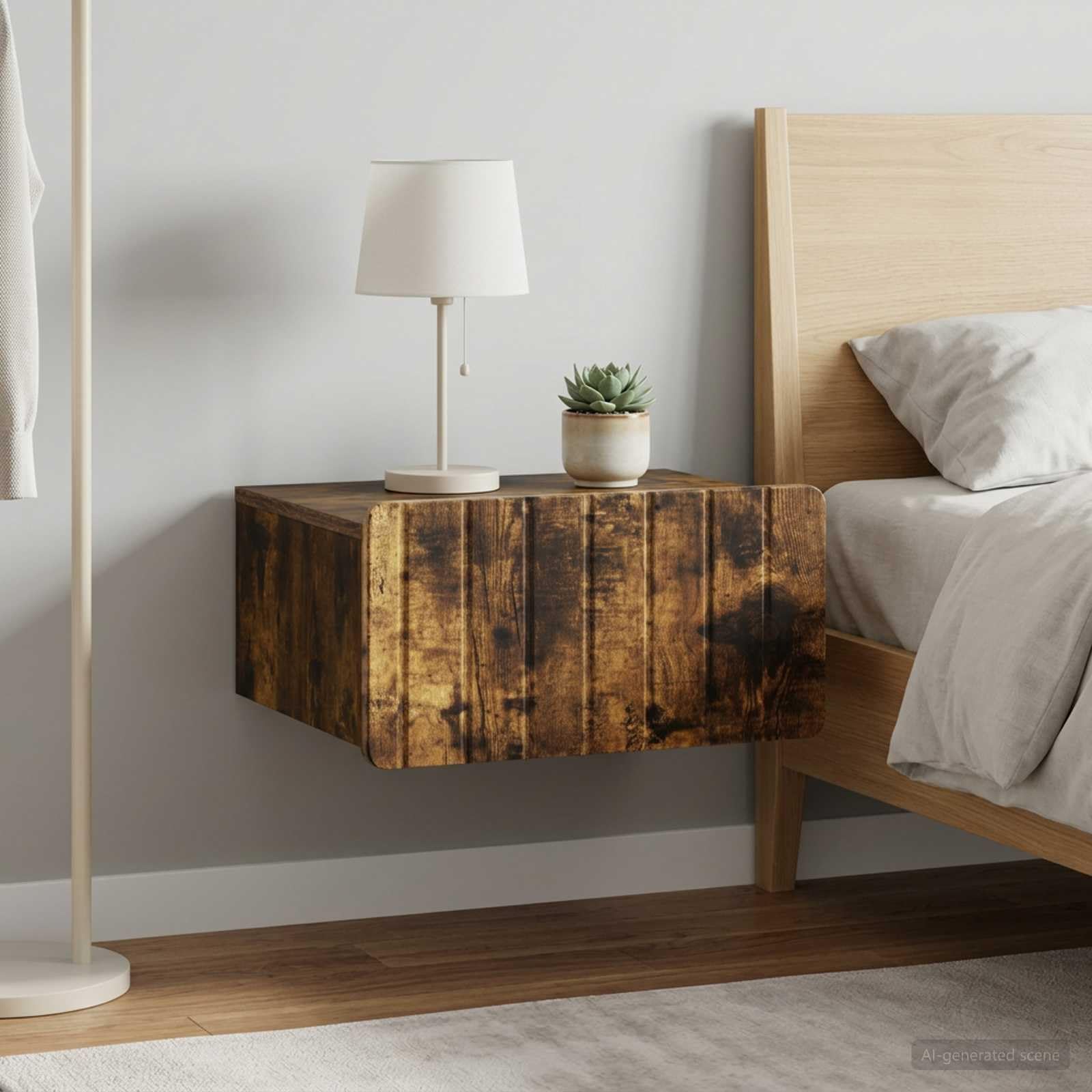 Nachttisch, Wandmontage, 2 Stück, Eiche, 49 x 34,5 x 24 cm | Holzwerkstoff, Aufbewahrungsschublade, modernes Vintage-Design, einfache Pflege mit feuchtem Tuch
