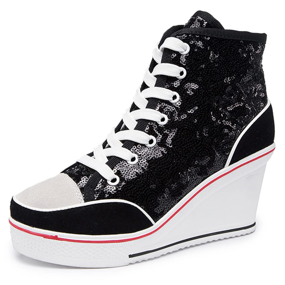 ALLINNINE Women's Sneaker Shoes High Heel Fashionable Canvas Shoes High Tube Lace Up Wedge Edge Zipper Slope Angle Shoes Size 4-11