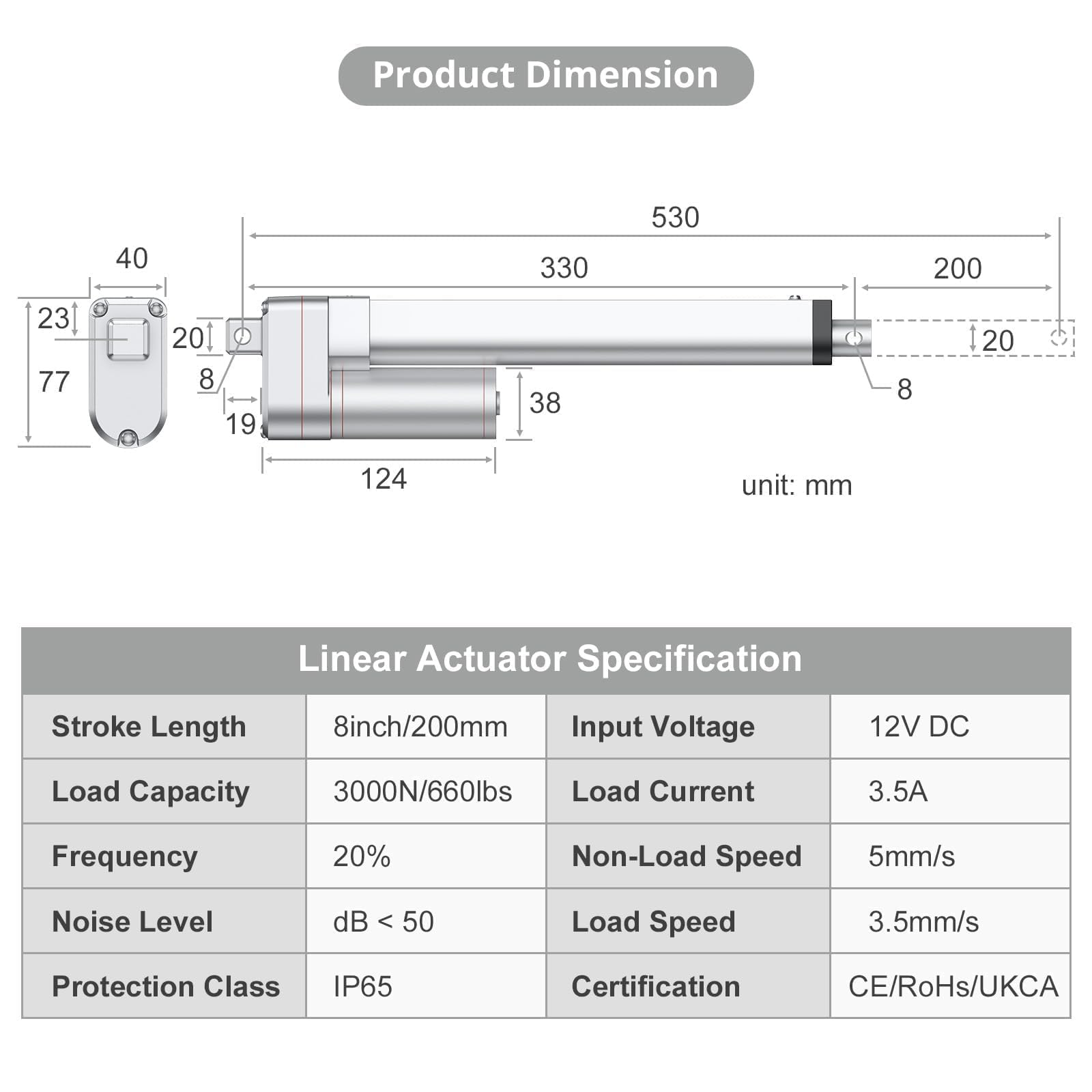 Justech Lineaire aandrijvingsmotor DC 12 V 750N 100 mm lineaire motorcilinder automatische activering elektrische deuropener automatische RV industriële landbouwmachinebouw - zwart