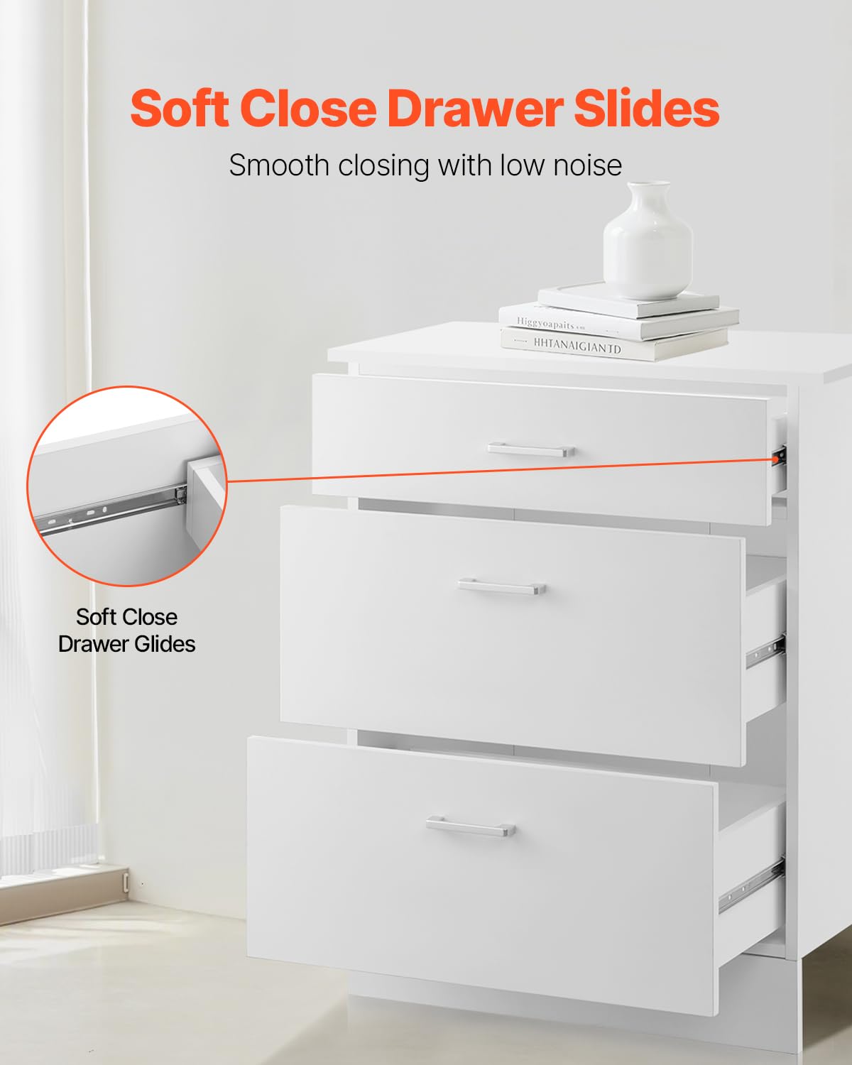 VEVOR weißer Unterschrank (600 x 475 x 816 mm) mit 3 Schubladen unmontierter Schubladen-Unterschrank, Montagefertiger Schrank mit Soft-Close-Türen & verstellbarem Regal, für Haushalt Büro
