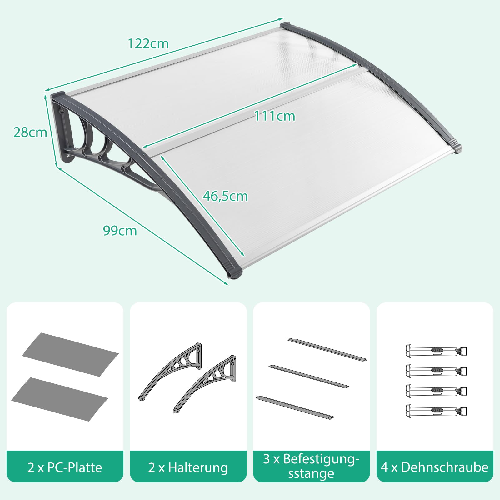 COSTWAY Zadaszenie do drzwi wejściowych 122 x 99 cm, zadaszenie z aluminium i poliwęglanu, przezroczysty daszek łukowy, daszek do drzwi wejściowych