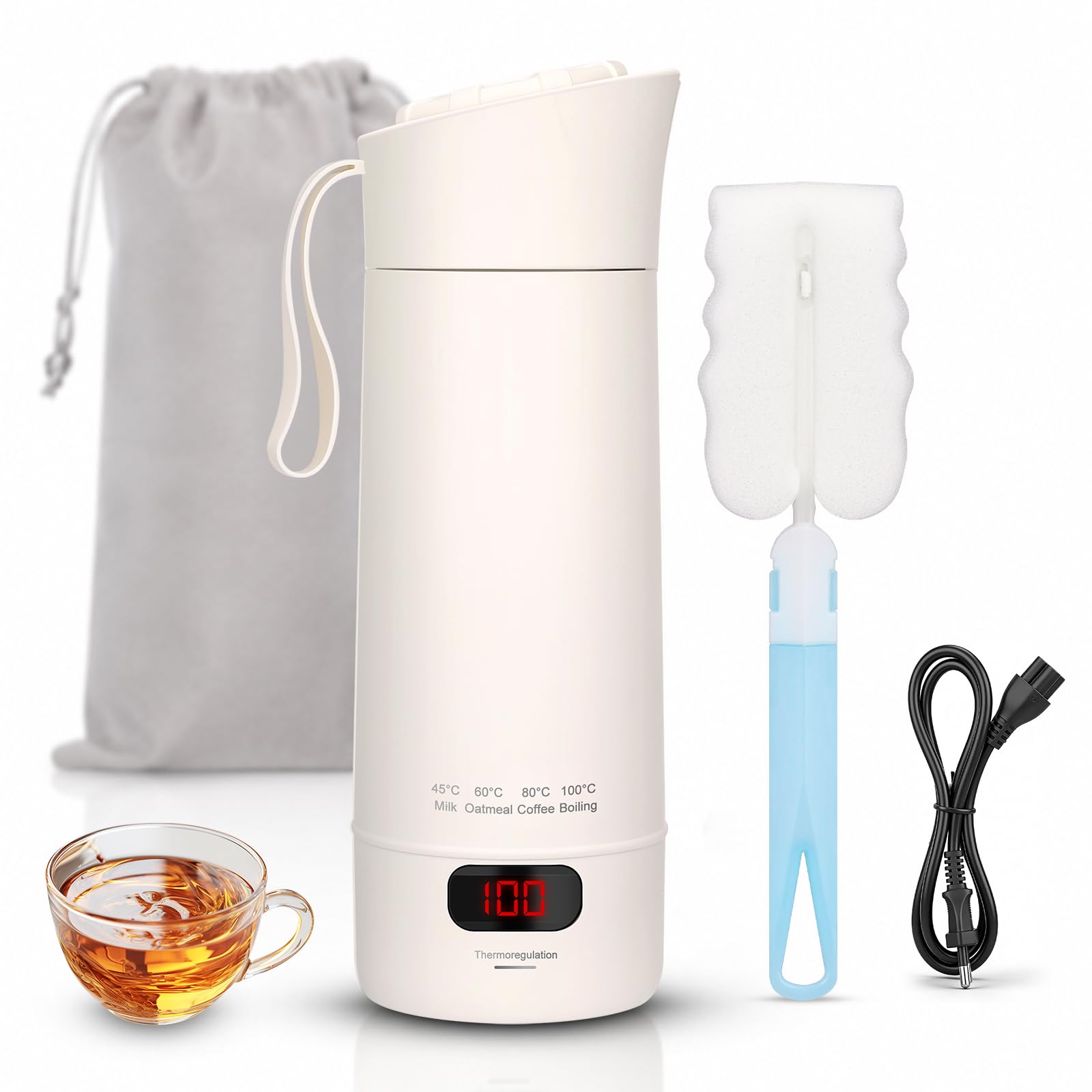 Bollitore da Viaggio, 400ml 300W Bollitore Elettrico Piccolo, Bollitore Portatile con Impostazione Temperatura, Bollitore per Auto, Tazza d'Acqua Elettrica Portatile Mini da Campeggio e Borsa