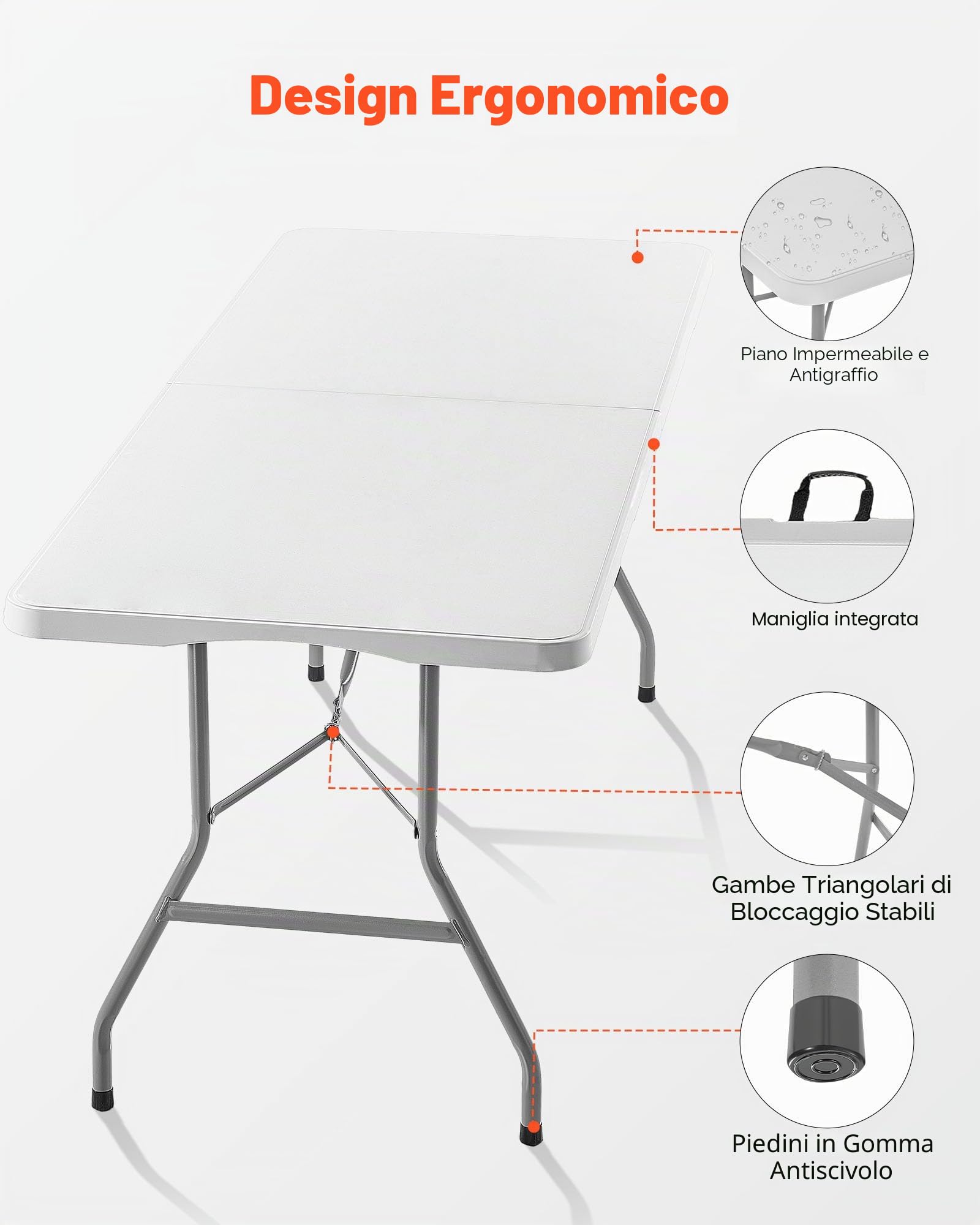 VEVOR Tavolo Pieghevole a Metà, Tavolo in Plastica Resistente Portatile e Rettangolare da 1800x700x730 mm, per Interni ed Esterni con Maniglia Integrata, per Feste, Cene, Picnic, Bianco