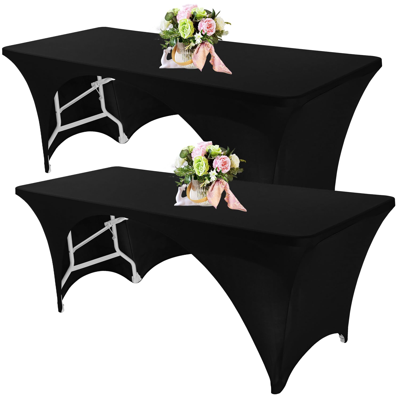 Fivenl 2 Pack Spandex Rectangle Tablecloths 72 x 30 Inch, Open Back Black Stretch Table Clothes for 6 Foot Tables, Washable Fitted Table Cover for Parties, Wedding, Banquet, Trade Show (Black, 6FT)