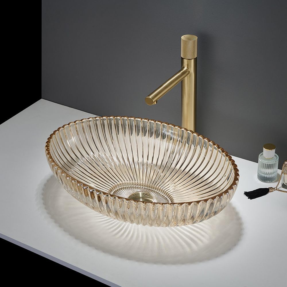 Milano Amber Altham Crystal Tempered Glass Round Countertop Bathroom Basin Sink - 510Mm X 350Mm