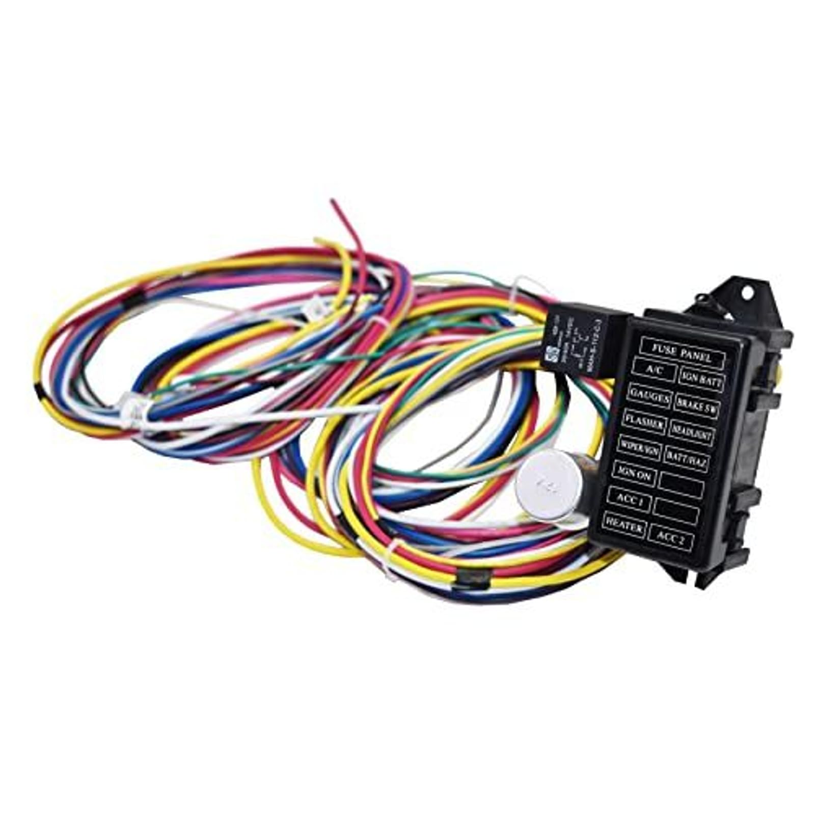 A-Team Performance 12 Circuit Universal Wire Harness fuse panel with labeled circuits.