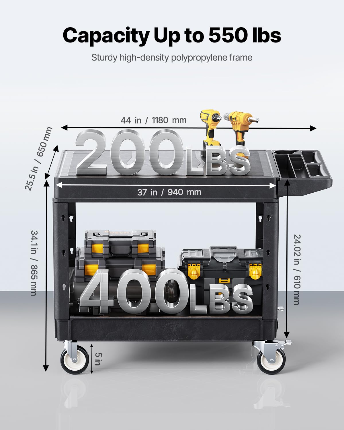 VEVOR Carrello Portaoggetti in Plastica Resistente a Due Ripiani con Ruote Girevoli a 360° Carrello di Servizio da 940 x 645 mm Capacità di Carico di 250 kg Adatto per Magazzino, Garage, Pulizia