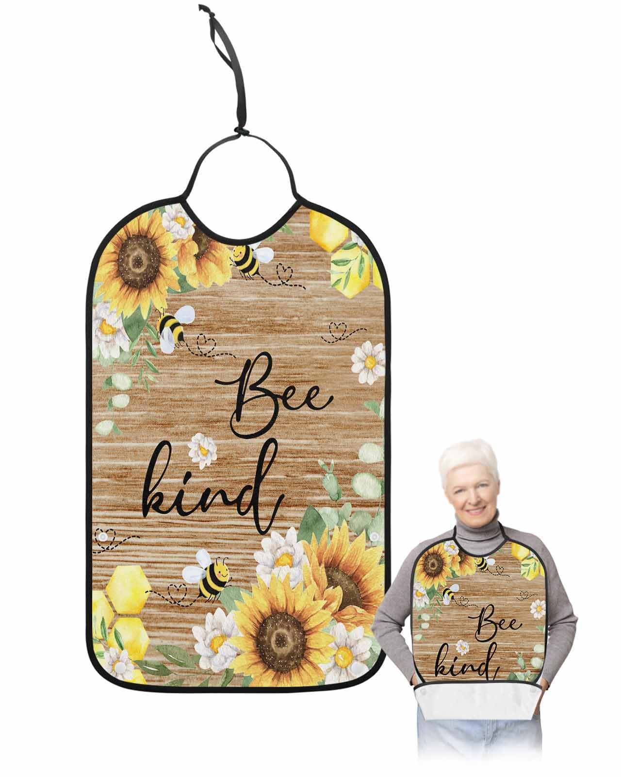 LEOKOTI Sunflower Adult Bibs for Eating, Waterproof Bibs with Food Catcher & Snap Closure, Watercolor Spring Floral Summer Botanical Bee Vintage Washable Clothing Protectors Adult Bibs for Elderly