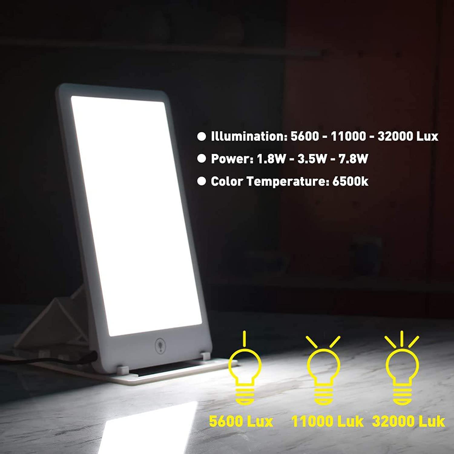 Scatola Luminosa Triste, 32000 Lux Lampada Fototerapia, Senza Raggi ​UV Regolazione Variabile Lampada Di Luce Naturale 3 Livelli Di Luminosità Staffa Pieghevole, Controllo Touch,Bianca
