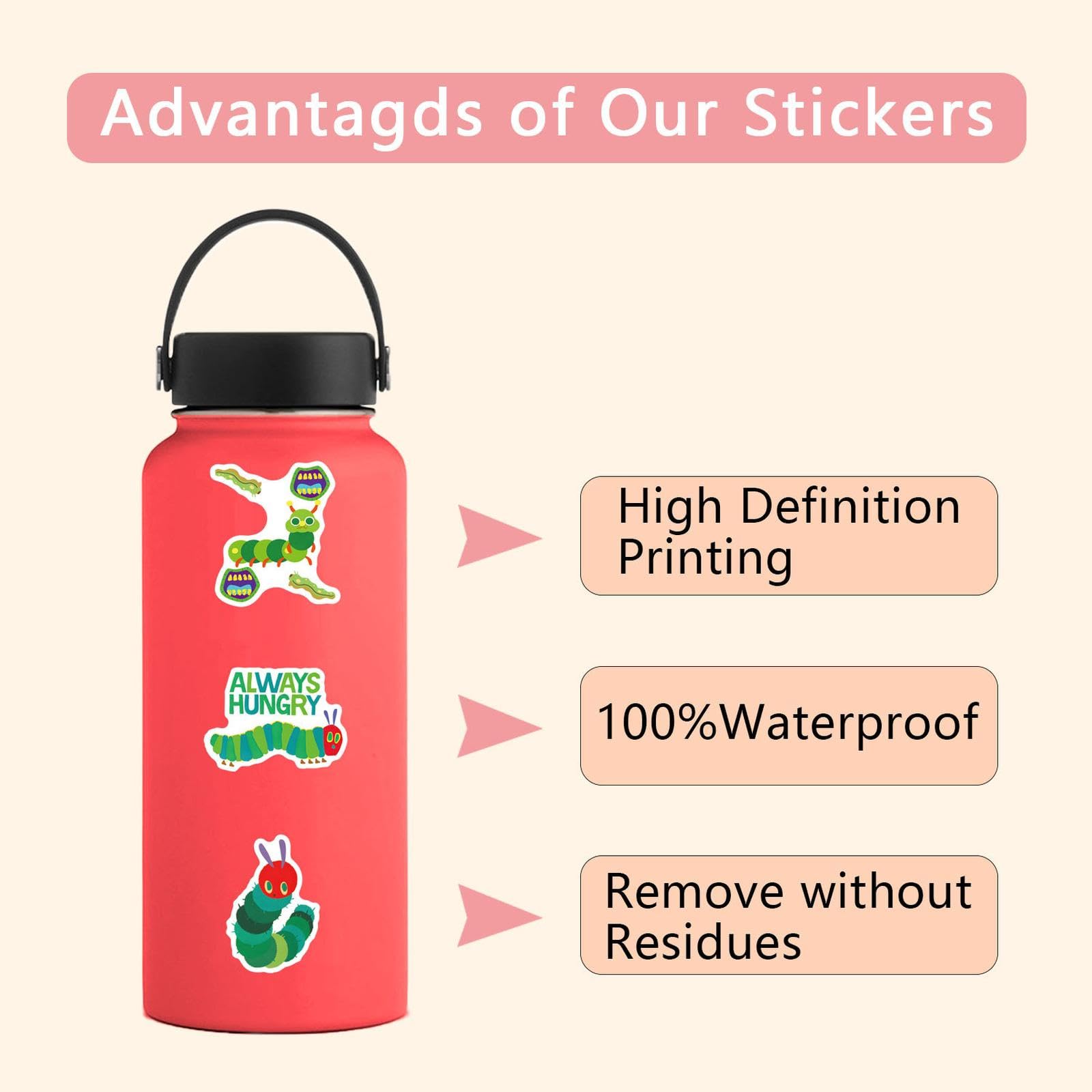Etiquetas Adhesivas Personalizadas The Very Hungry Caterpillar | Impermeables, Para Ropa | Pack De 70 Unidades