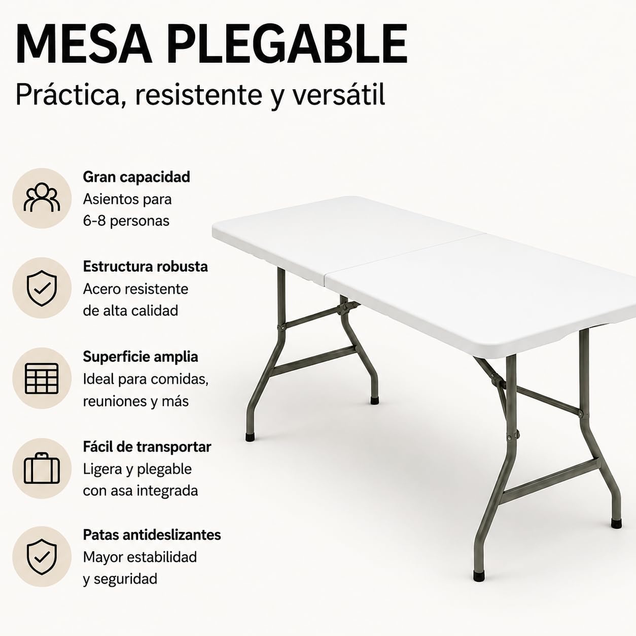 Mesa Plegable 180 cm para Eventos y Jardín, Mesa Portátil de Exterior con Estructura de Acero, Ideal para Camping y Fiestas
