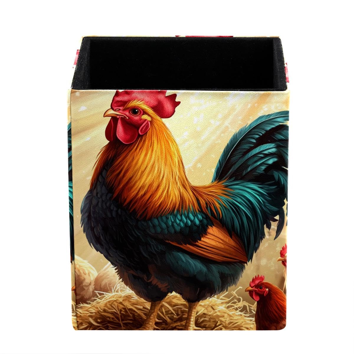 HEOEH Rooster Fram Pen Holder Pen Pot, Square Pencil Cup for Desk