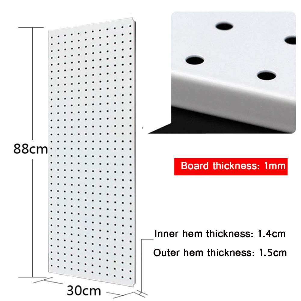 Pannello forato in metallo resistente con ripiano, per garage, casa, ufficio, capannone, montaggio a parete, sistema di archiviazione degli attrezzi, spessore 1 mm, bianco (88 x 30 cm)