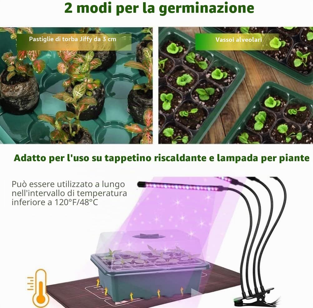 KAHEIGN 12Pz Vassoi di Avviamento dei Semi, 144 Celle Vassoi per Propagatori di Semi in Plastica per Impieghi Gravosi con Cupola di Sfiato e Base, 20Pz Etichette Per Piante, 2Pz Strumenti Di Semina