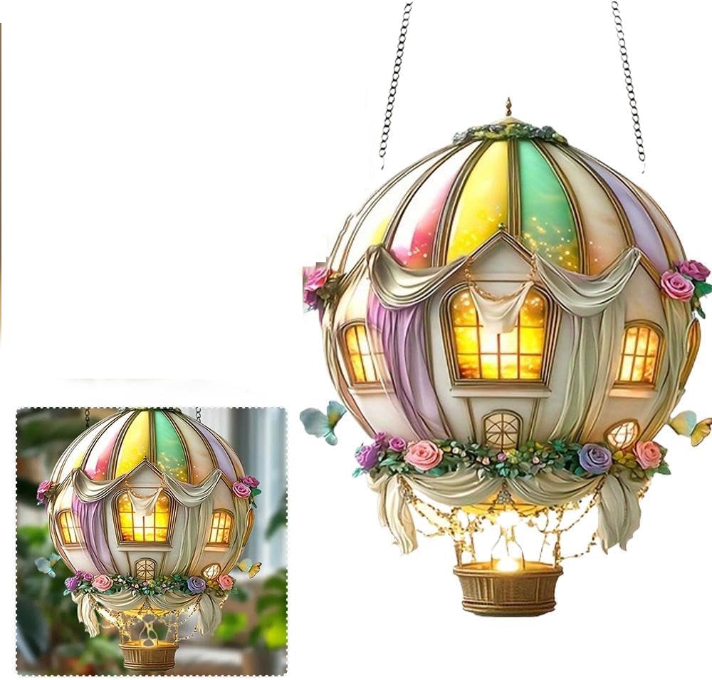 Hot Air Balloon Solar Garden Light, 2D Acrylic Hot Air Balloon Sun Catcher, Hangable Solar Lantern Window Decoration Pendant for Courtyard Pathway Porch Farmhouse Patio and Garden Decor (Pink-C)