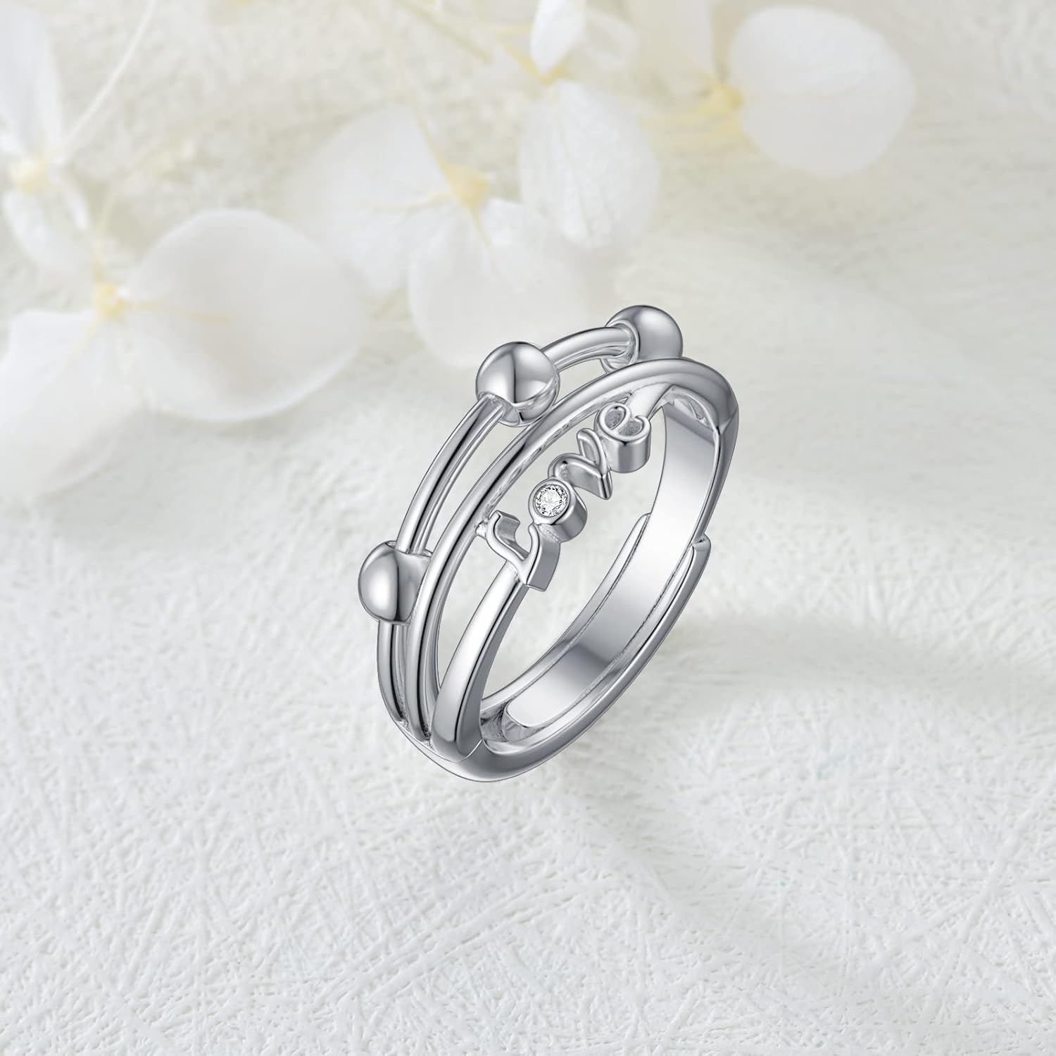 Anxiety Rings for Women Men Unisex Adjustable 925 Sterling Silver Fidget Love Rings for Anxiety Stress Worry Spinning Bead Rings