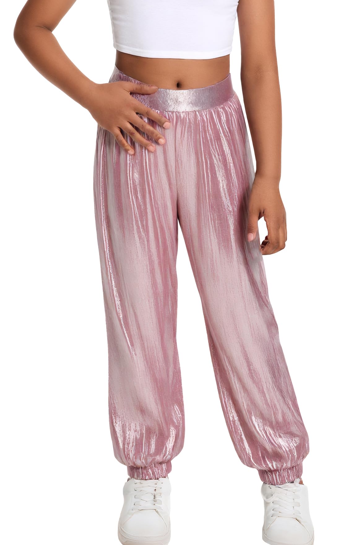 SEAUR Pantaloni lucidi per bambini e bambine, Hip Hop, pantaloni da danza metallici, per festival, ballo, streetwear 110 – 160 = (EU 104 – 158)