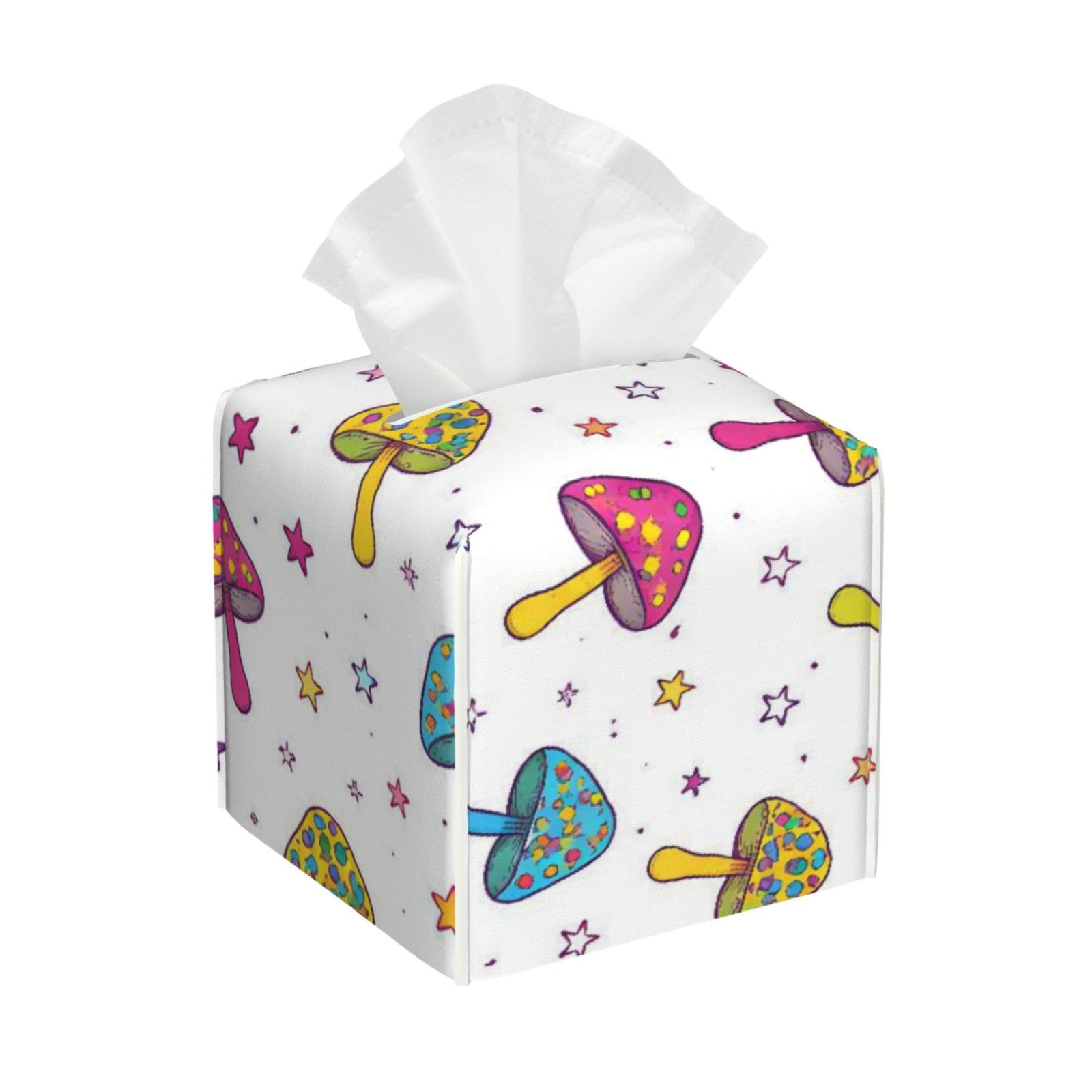 Colorful Mushroom Leather Tissue Box Cover Holder Square Facial Paper Organizer 5.2" X 5.2" X 5.2"