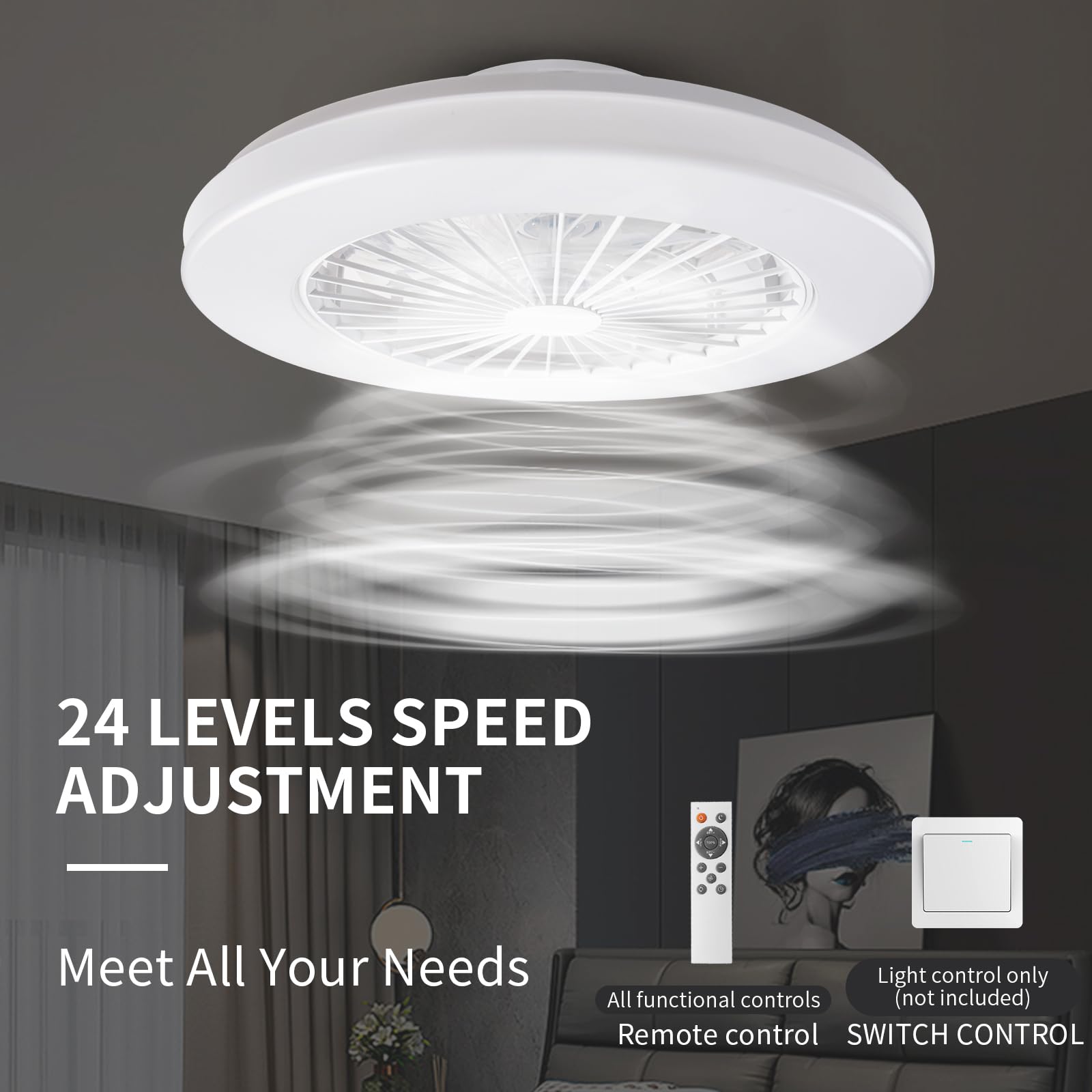 LED-Deckenleuchte mit Ventilator, dimmbares Licht, 24 Geschwindigkeiten, 3000-5500 K, weiß