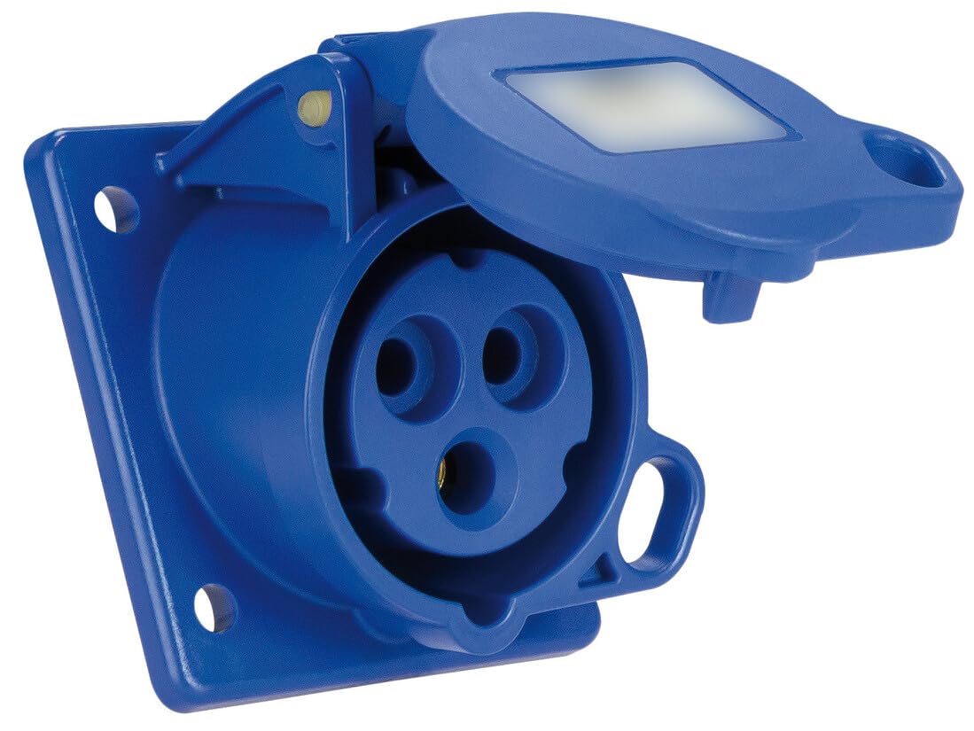 Base empotrable 2P+T 16A 230V, Color Azul, Ideal para instalaciones eléctricas en Interiores y Exteriores.