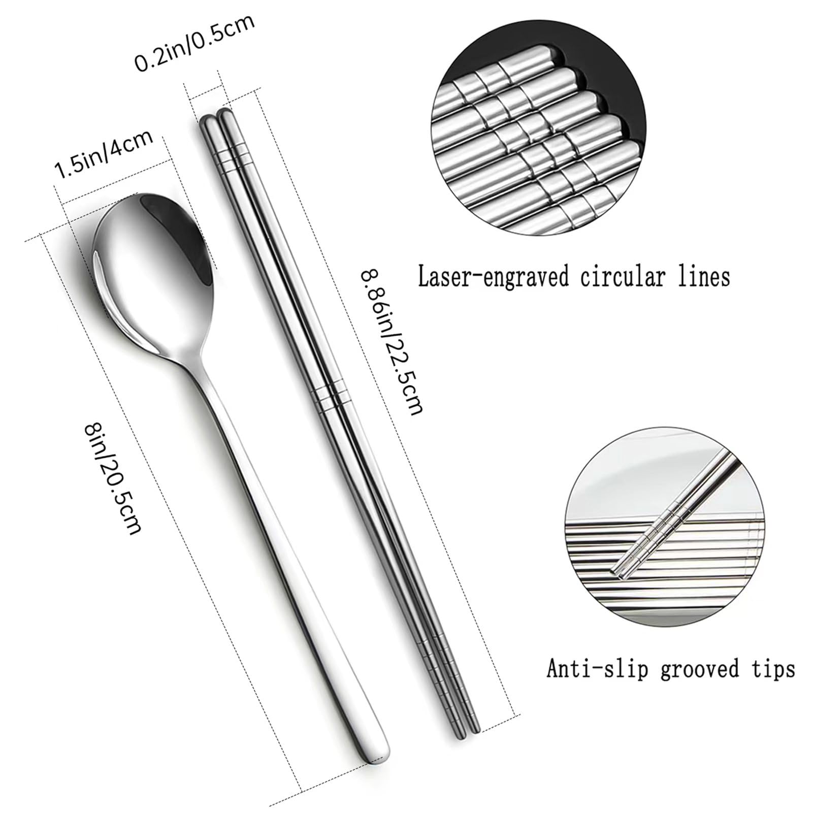 Kucensi Chopsticks and Spoon Set, 3 Pairs Stainless Steel Metal Chopsticks Spoons, 3 Sets Korean Long Handle Spoons and Chop Sticks Reusable for Home, Kitchen or Restaurant