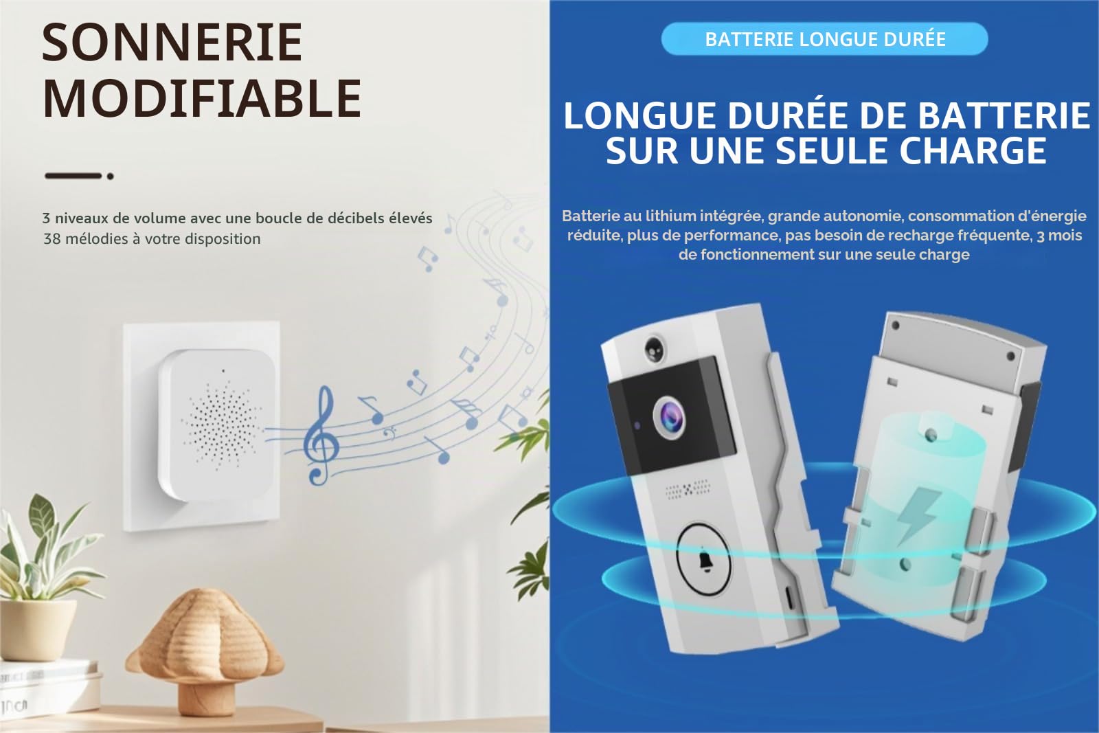 Sonnette vidéo solaire sans fil avec vision nocturne, changeur de voix bidirectionnel, détection de mouvement PIR et batterie de 3 mois – Résistant aux intempéries, installation sans perçage