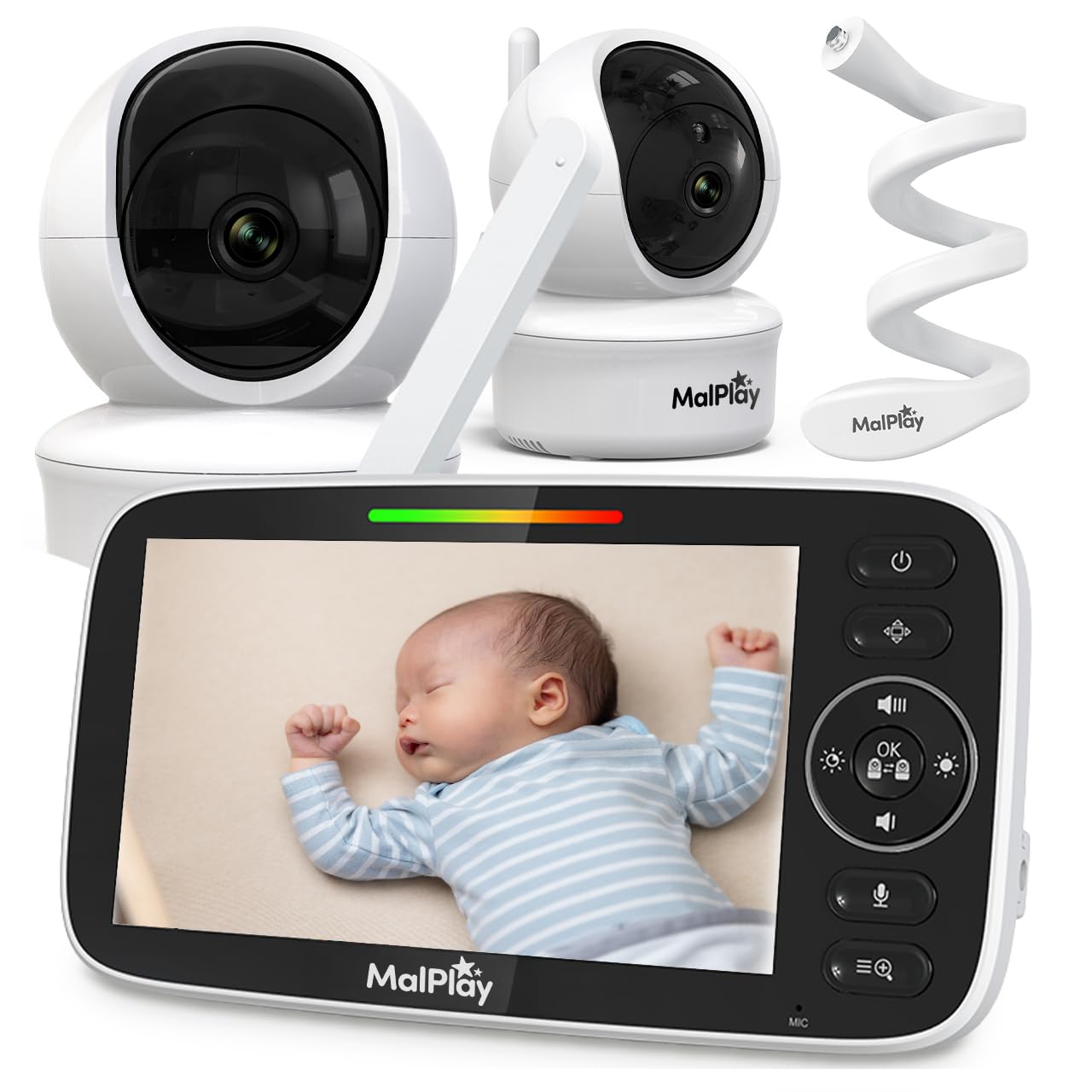 MalPlay Babyfon z kamerą 5 cali HD bez WLAN, wideofon dla niemowląt z noktowizorem, tryb VOX, dwukierunkowe audio, 4X zoom, monitorowanie temperatury, kołysanki, zasięg 300 m NannyEye Complex