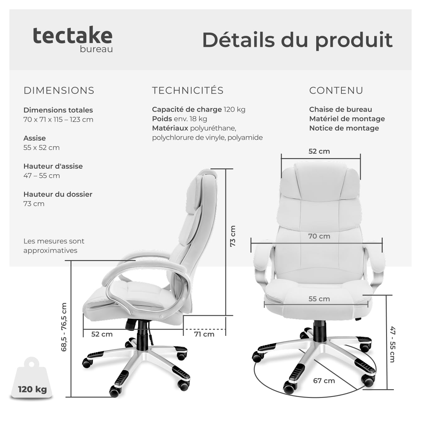 tectake® Chaise de Bureau Chaise Gaming Fauteuil de Bureau Fauteuil pivotant Design, Siege Ergonomique avec Accoudoirs, Appui-tête rembourré, Roulette Teletravail - Blanc
