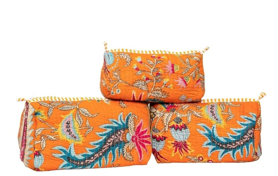 Travel Toiletry Bag – Unisex Makeup & Shaving Kit Organizer with Handle – Multipurpose Cosmetic Pouch for Travel & Storage – Turquoise Blue Jungle Print Pack of 3(Large,Medium,Small) (Floral Orange)-picture-47