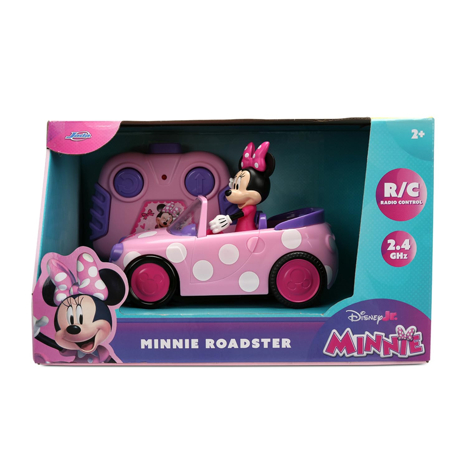 Jada Toys RC Minnie Mouse Roadster (14 cm, 1:32) – zdalnie sterowany samochód Disney o częstotliwości 2,4 GHz, do 2,5 kmh, zabawka dla fanów i dzieci od 3 lat, w zestawie pilot zdalnego sterowania