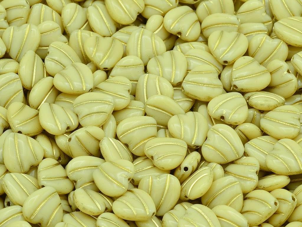 15pcs Heart with Lines Beads, Beige Gold Lined (13020-54202), Glass, Czech Republic (0.39 x 0.39 inches)