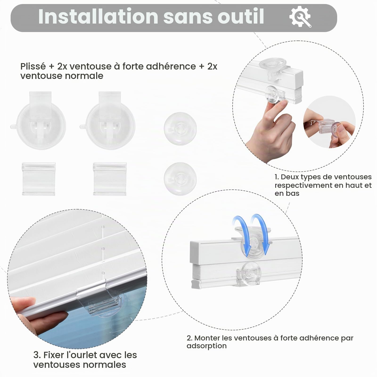 WOLTU Store Plissé sans Perçage avec Ventouses, Store Plissé Intérieur Translucide Protection Solaire pour Fenêtres Ordinaires, Fenêtres de Toit, Portes de Balcon, 90x130 cm, Blanc