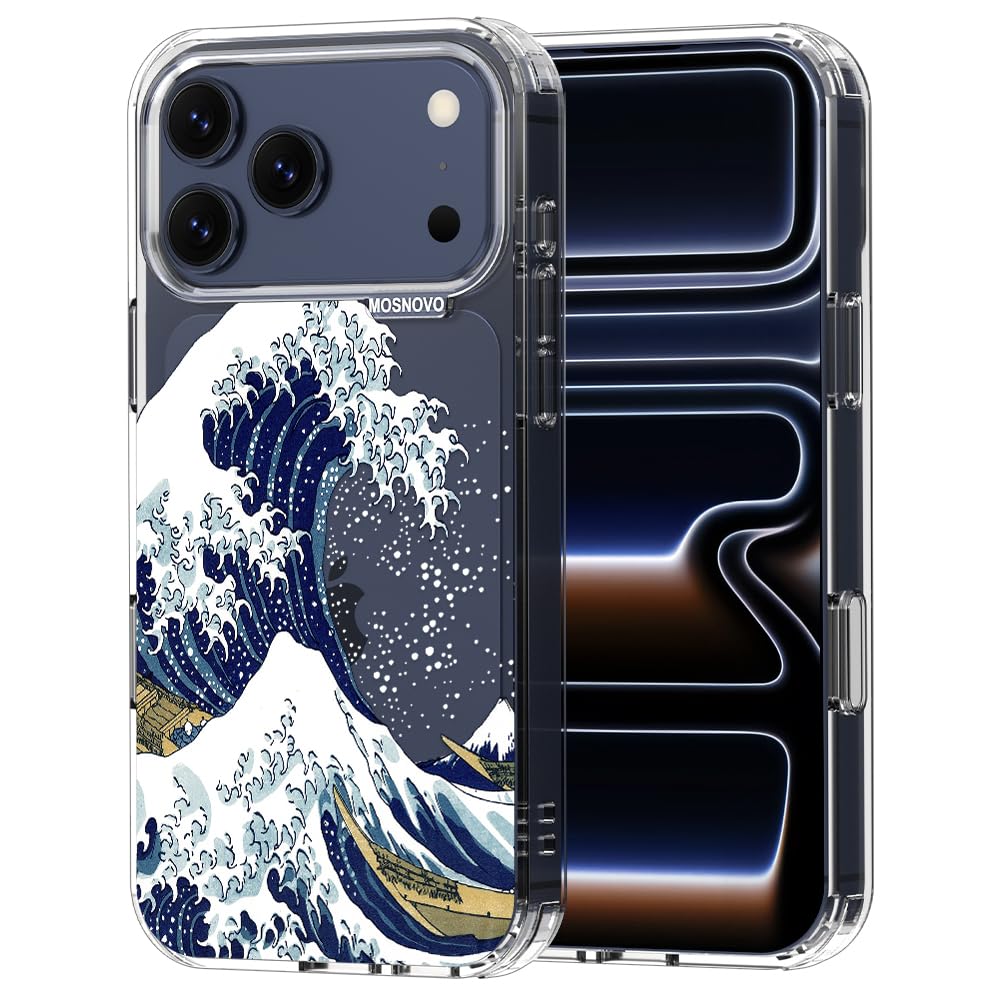 MOSNOVO Coque pour iPhone 17 Pro Max, [Protection de Qualité Militaire 2m] [Technologie Anti-Décollage] Coque Transparente Antichoc en TPU avec Design - Grande Vague - 1