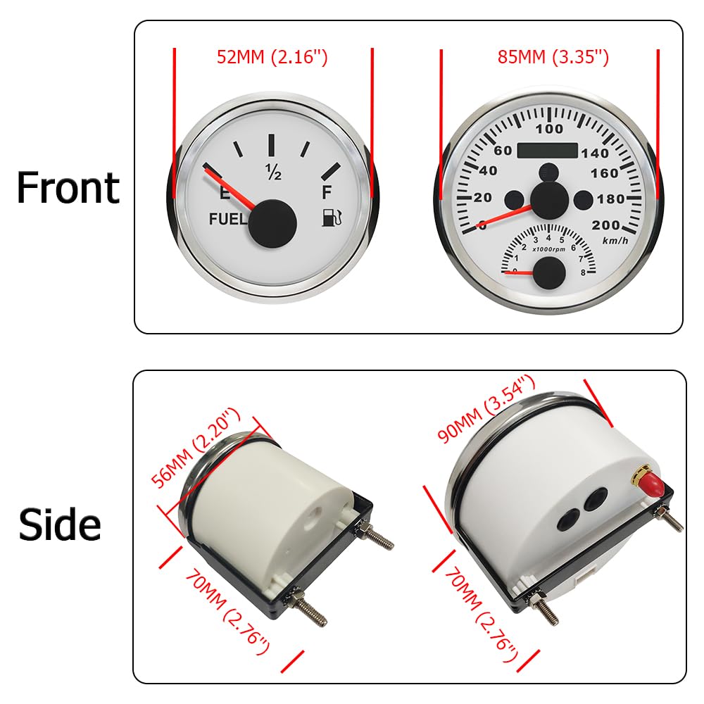 ELING Velocímetro de 85 mm con tacómetro con voltímetro de presión de aceite de temperatura de agua de nivel de combustible de 52 mm con retroiluminación