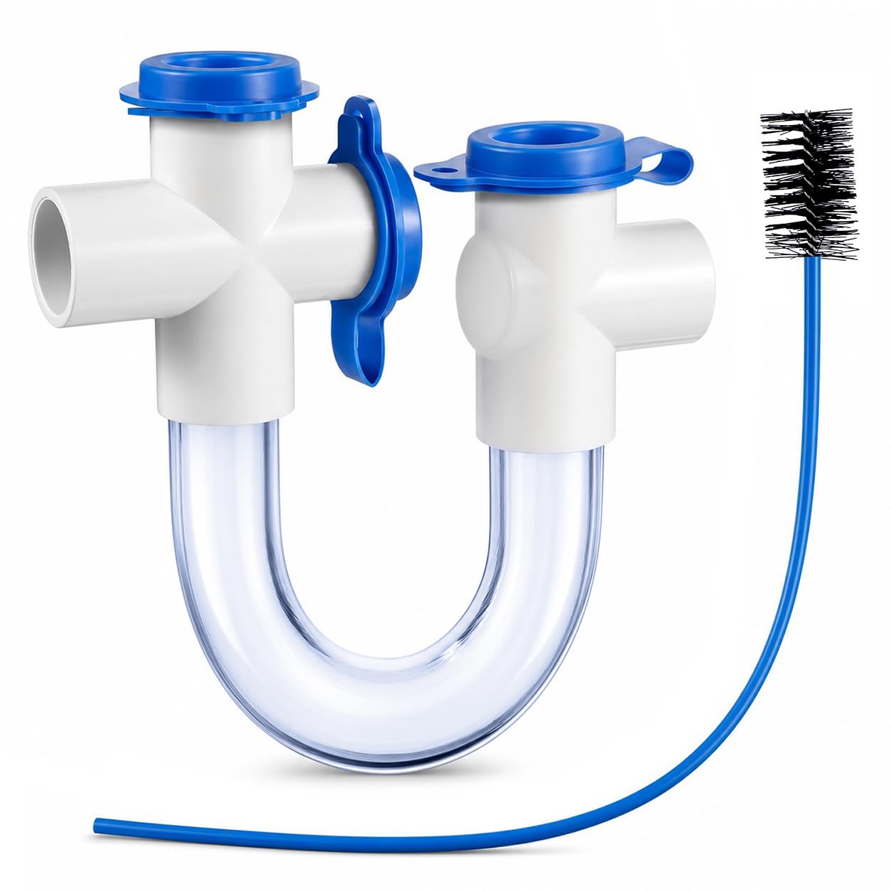 Qwork Clear/Blue 3/4 Inch Hvac Condensate Trap With 18 Inch Cleaning Brush – Transparent Pvc U Trap For Air Conditioner, Furnace Systems & Heat Pumps – Drainage Maintenance Kit