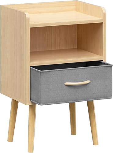 Mesita de noche con cajón de tela plegable, mesa auxiliar de almacenamiento de 2 niveles, mesa auxiliar de madera con armario de almacenamiento