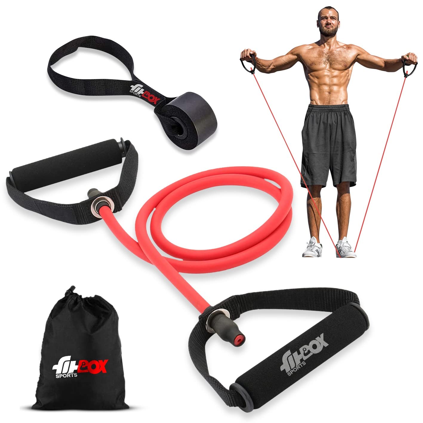 FitBox Sports Toning Tube with Door Anchor | Resistance Exercise Band | Comfortable Handles - Ideal for Physical Therapy, Strength Training, Muscle Toning - RED